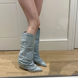 Joskaa Pointed Toe High Heel Trouser Tube Boots New Female Western Cowboy Knight Boots Denim Splicing Street Style Sewing Fashion Shoes