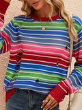 christmas outfit Joskaa Long Sleeves Loose Contrast Color Hollow Striped Round-Neck Pullovers Sweater Tops