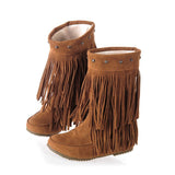 thanksgiving outfit Joskaa Women's 2 Layer Fringe Tassels Flat heel Half knee high Boots fur Shoes Big Size 34-47 Snow Boots Zapotos