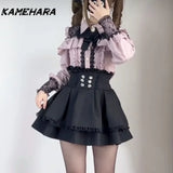 Joskaa Sexy Retro Sweetheart College Style Hollowed Out Slimming Shirt Top Waist Cinching Lace Skirts Set Subculture Y2k Sets