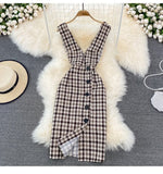 Joskaa Woolen Plaid Suit Skirt Female Strap Dress Two-piece Sweater