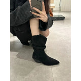 Joskaa 2025  New Western Boots Flock Falt Mid Heels Black Brown Winter Short Boots Woman Chelsea Boots