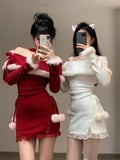 Joskaa 2025 Winter Christmas Red Slim Knitted Mini Dress Even Party One Piece Dress Korean Fashion Casual Sweet Elegant Dress Woman