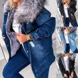 christmas outfit Joskaa Women Winter Warm Fluffy Collar Hooded Denim Jacket Thick Plush Lined Warm Long Sleeve Jean Coat Button Down Oversized Loose Out