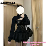 Joskaa Japanese Harajuku Semi High Neck Camisole Lace Patchwork Strapless Tops Mini Pleated Skirt Y2k Three Piece Sets Платье