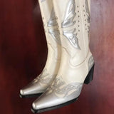 Joskaa 2025  Western Boots For Women Cowboy Cowgirl Knee High Long Boots Fashion Butterfly Block Heel Pointed Toe Shoes  Autumn Winter