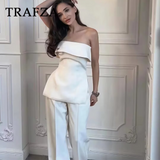 thanksgiving outfit Joskaa 2024 Spring Summer Women Elegant Solid Suit Fashion Casual Strapless Sleeveless Slim Short Tops+High Waist Zipper Pants