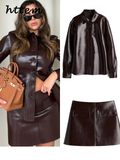 Joskaa Fashion Short Leather Jacket Skirt Set Women O-neck Single Breasted Jackets Sexy Mini Skirts 2024 Autumn Lady Locomotive Outfits