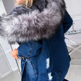 christmas outfit Joskaa Women Winter Warm Fluffy Collar Hooded Denim Jacket Thick Plush Lined Warm Long Sleeve Jean Coat Button Down Oversized Loose Out