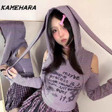 Joskaa Y2k Millennium Purple Striped Long Sleeve T-shirt Girl Spring Design Niche Spicy Girl Hooded Slim Fit Rabbit Ear Tops