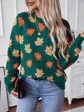 christmas outfit Joskaa Long Sleeves Loose Contrast Color Jacquard Knitted Leaves Split-Joint Round-Neck Pullovers Sweater Tops