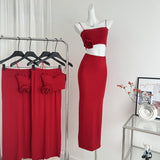 Joskaa 2025 Summer Red Sexy Holiday Dress Suit Hot Girls 2000s Sweet Casual Camios + Elegant Fashion Midi Skirt Beach Style Clothing