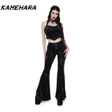 Joskaa American High Street Dark Gothic Cross Embroidered Bell Bottom Pants for Women's Outfit High Waisted Slimming Y2k Pants