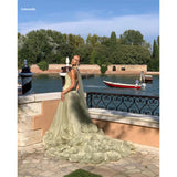 Joskaa Elegant Strapless Long Train Party Dresses Detachable Shawl vestido de gala noche mujer Floor-Length Organza Dress Women-(PRE-ORDER)