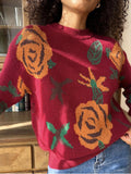 christmas outfit Joskaa Long Sleeves Loose Flower Print Round-Neck Pullovers Sweater Tops