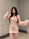 Joskaa 2025 Autumn Elegant 2 Piece Dress Set Women Casual Short Knitted Cardigan + Y2k Sweet Mini Strap Dress Korean Fashion Dress Suit