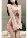 Joskaa Autumn Sexy Strap Y2k Mini Dress Sets Women Pink Sweet Sweater Tops Elegant Bodycon Slim 2 Piece Skirt Dress Korean Fashion 2025