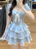 Joskaa 2025 Summer Sweet Kawaii Blue Plaid Dress Woman Lolita Lace Y2k Mini Dress Short Party Elegant One Piece Dress Korean Fashion