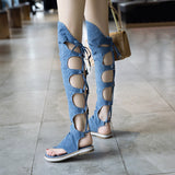 thanksgiving outfit Joskaa shoes clip toe sandals blue  jeans flat shoes women summer gladiator booties sandalias mujer size 43