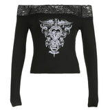 Joskaa Gothic Print Cropped Top Black Lace Stitched Off-shoulder Slash Neck T-shirts Casual Spring Tees Y2k Aesthetic Blouses