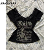 Joskaa E-girl Gothic Grunge Top Millennium Y2K Punk Rock Black Letter T-shirt Top Striped Strap American Design Two Piece Set