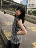 Joskaa Summer Y2k Aesthetics Halter Dress Japanese 2000s Style Grey Striped Short Dress Vintage Harajuku Backless Mini Dress Grunge