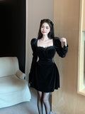 Joskaa Gothic Vintage Balck Long Sleeve Dress Woman Elegant Fashion Velvet Midi Dress Korean Style Even Party Dress Casual 2025 Spring