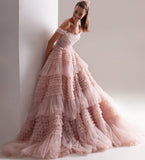 Joskaa Light Pink Ball Gown Evening Dress Sweet Tulle Sweep Train Prom Dress 2025 Off Shoulder Party Dress  فساتين مناسبة رسمية-(PRE-ORDER)