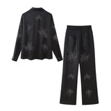 thanksgiving outfit Joskaa 2024 Spring Summer Casual Beading Floral Women Suits Fashion Embroidery Single Breasted Shirts+Midi Waist Long Pants