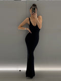 Joskaa Elegant Knit Ribbed Spaghetti Strap Long Dress Women Sexy V-neck Sleeveless Backless Dresses 2024 Summer Lady Holiday Beach Robe