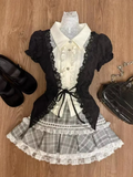 Joskaa Autumn Japanese Sweet Lolita outfits 3 Piece Set Women Casual Knitted Cardigan+ Sexy Slim Lace  Vest Tops+ High Waist Cake Skirt