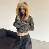 cold weather outfits Joskaa Streetwear Zip Hoodies Camo Embroidered Sequins Y2K Womens Clothes Hip Hop Retro Harajuku Gothic Punk Cropped Hoodies Sweatshirt