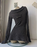 Joskaa Y2K Autumn-winter Vintage off-the-shoulder Sweater Dress Elegant long-sleeved knit dress Sexy casual warm grey dress for ladies