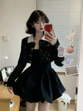 Joskaa 2025 Autumn Vintage Black Clothing Suit Woman Slim Y2k Mini Dress + Casual Short Coat Office Lady Elegant Korean Fashion Sets