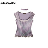 Joskaa Japanese Sweet Spicy Girl Y2k Style Purple Lace Patchwork Short Sleeved Top for Women Design Niche Light Short T-shirts