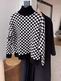 christmas outfit Joskaa Long Sleeves Loose Contrast Color Plaid High Neck Pullovers Sweater Tops