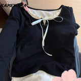 Joskaa Korean Spring Ballet Style Fake Two Piece Tee Sweet Spicy Girl Interior Design Niche Lace Up Long Sleeve Retro Y2K Tops