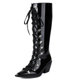 thanksgiving outfit Joskaa Patent Leather Women Knee High Boots Pointed Toe Chunky Heel 6.5cm Lace Up Decor Size 44 45 46 Booties