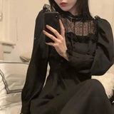 Joskaa Gothic Black Y2k Dress Women 2025 Autumn Casual Lace Long Sleeve One Piece Dress Korean Evening Party Elegant Midi Dress Female