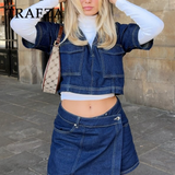 thanksgiving outfit Joskaa 2024 Spring Summer Casual Denim Women Suits Fashion Pockets V Neck Pullover Half Sleeve Shirts+Chic Mini Shorts Skirts