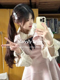 Joskaa Japanese Sweet 2 Piece Set Women Lace Doll Collar Shirt + Fairy Bow Pink Dress Autumn Elegant Fashion Birthday Party Dress Sets