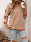 christmas outfit Joskaa Long Sleeves Loose Contrast Color V-Neck Pullovers Sweater Tops