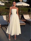 Joskaa Elegant Pleated Cotton Strapless Long Dress Women Sleeveless Backless High Waist Party Dresses 2024 Summer Lady Chic Solid Robes