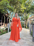 Joskaa Comfy Chiffon Cape Sleeve A-line Prom Dress Elegant Orange Deep V-neck Vestidos De Fiesta فساتين سهرة-(PRE-ORDER)