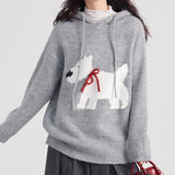 cold weather outfits Joskaa Dog Printed Cute Hooded Sweater Knit Women Y2k Drawstring Long Sleeve Pullover Sweater Loose Casual Hoodies Fall Winter