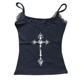 Joskaa Y2K Gothic Grunge Punk Aesthetic Print Lace Camisole Top Fashion Sexy Sleeveless Slim Chic Crop Top 90s Vintage Rock Women's Tee