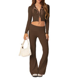 thanksgiving outfit Joskaa Y2K Women 2 Piece Knitted Outfits Long Sleeve Knitted Sweater Top Zipper Tracksuit Flare Pants Streetwear