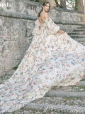 Joskaa Puffy Sleeve فساتين مناسبة رسمية Flower Painting A-line Evening Dress Sweep Tail Prom Dress 2025 Princess Robe De Soirée-(PRE-ORDER)