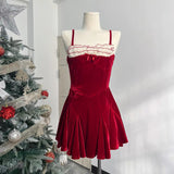 Joskaa 2025 New Christmas Red Elegant Evening Party Dress Women Sweet Spicy Girl Velvet Halter Dress Autumn Winter Y2k Sexy Mini Dress