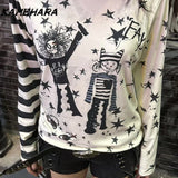 Joskaa Japanese Subculture Millennial Style Y2k Shirt Beige Star Print Striped Patchwork Design Long Sleeve T-shirt Top Female